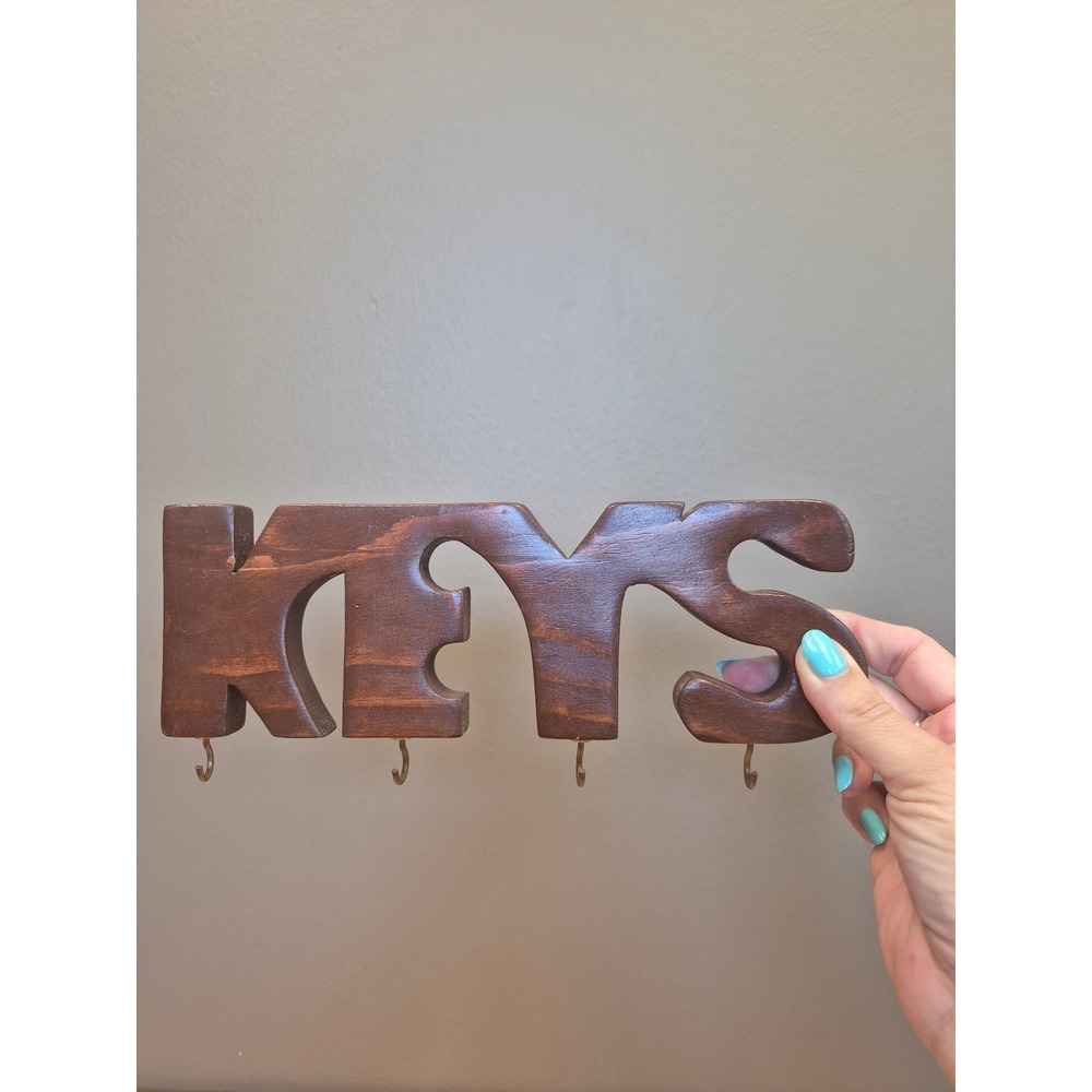 Vintage Wood KEYS Wall Key Holder 4 Brass Hooks Retro MCM Entryway Organizer